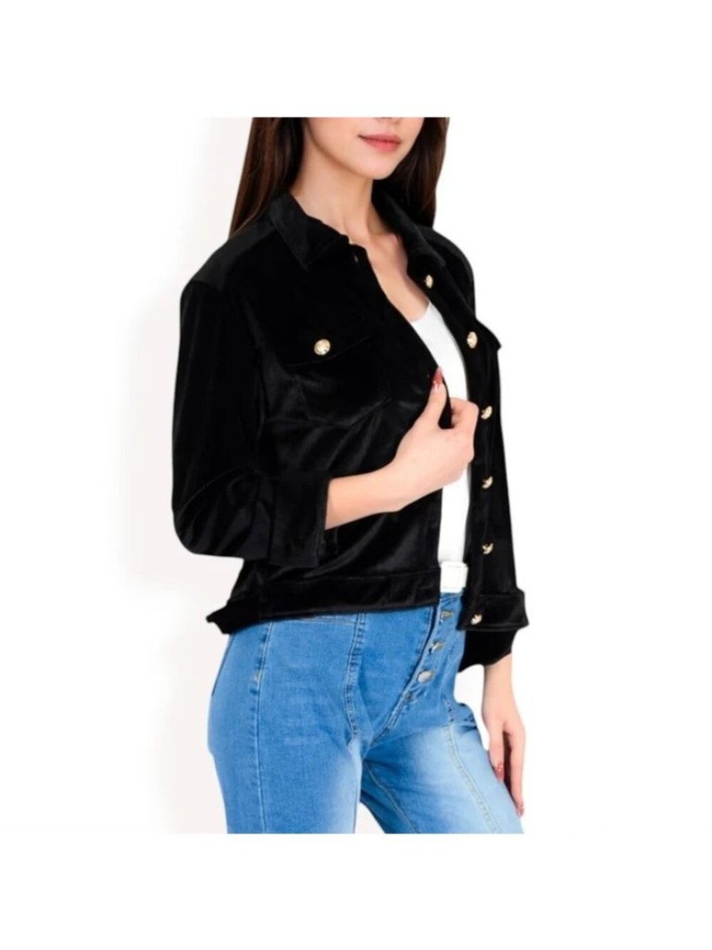 Anna-Kaci Black Soft Velvet Button Up Jacket w/ Gold Buttons -- Size Large 12/14